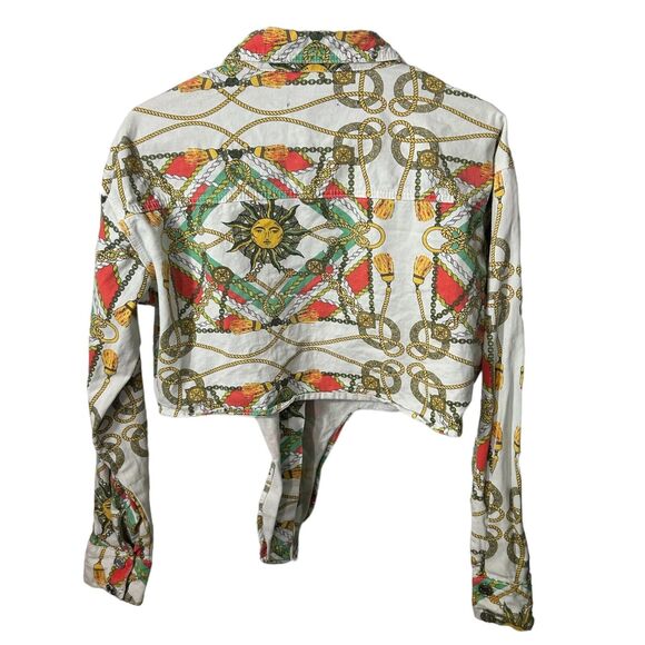 MissGuided womans sz 6 cotton Cropped White Denim Jean Tie Jacket Sun Chain - Picture 6 of 12
